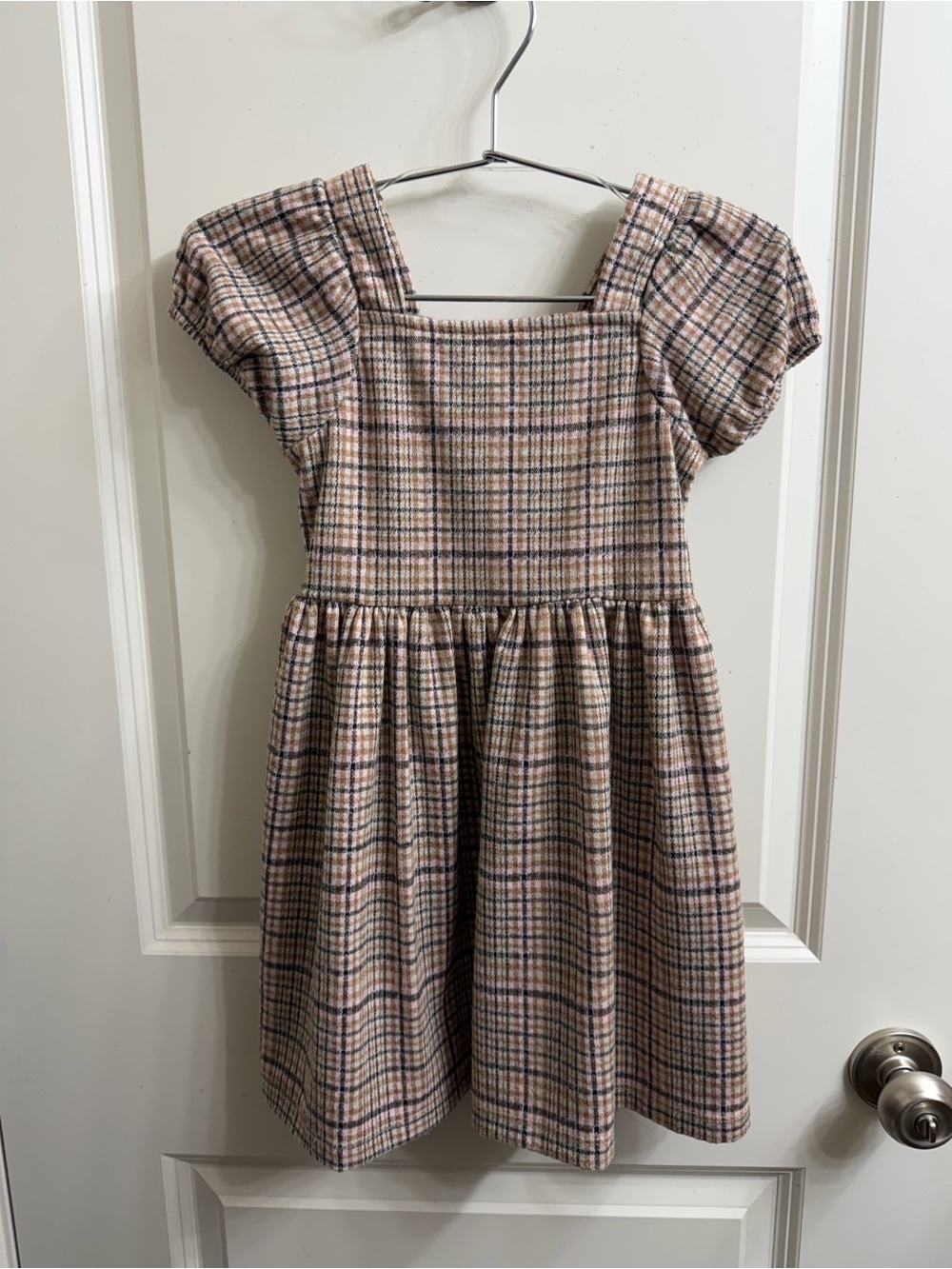Nannette Kids Beige and Pink Plaid Square-Neck Dress